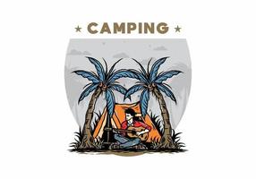 Man with guitar in front of tent between coconut tree illustration vector
