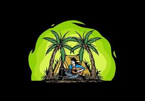 Man with guitar in front of tent between coconut tree illustration vector