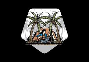 Man with guitar in front of tent between coconut tree illustration vector