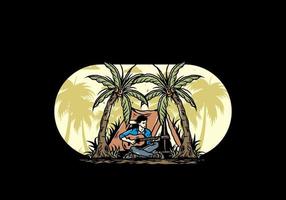 Man with guitar in front of tent between coconut tree illustration vector