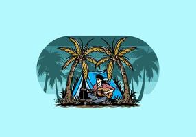 Man with guitar in front of tent between coconut tree illustration vector