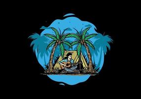 Man with guitar in front of tent between coconut tree illustration vector