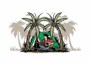 Man with guitar in front of tent between coconut tree illustration vector