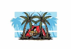 Man with guitar in front of tent between coconut tree illustration vector