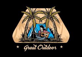 Man with guitar in front of tent between coconut tree illustration vector