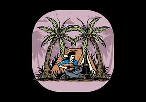 Man with guitar in front of tent between coconut tree illustration vector