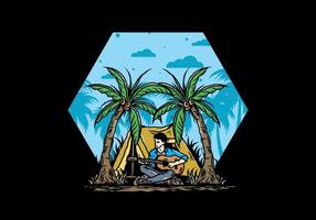 Man with guitar in front of tent between coconut tree illustration vector