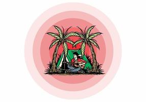 Man with guitar in front of tent between coconut tree illustration vector