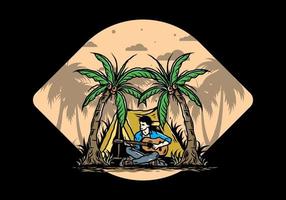 Man with guitar in front of tent between coconut tree illustration vector