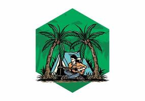 Man with guitar in front of tent between coconut tree illustration vector