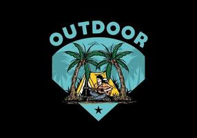 Man with guitar in front of tent between coconut tree illustration vector