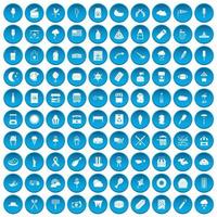 100 street food icons set blue vector