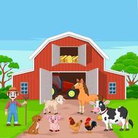 Cartoon farmer and farm animals in the barnyard vector