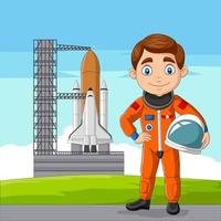 Cartoon astronaut holding helmet with spaceship ready to launch vector