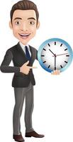 Cartoon happy young businessman holding and pointing a wall clock vector
