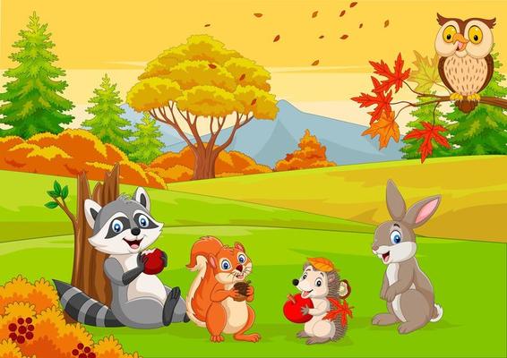 Cartoon wild animals in the autumn forest