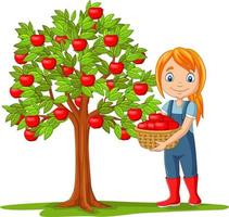 Girl farmer gathering apples in basket vector