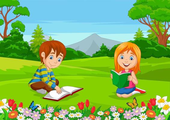 Cartoon boy and girl reading books in the park