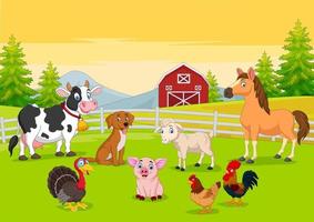 Cartoon farm animals in the farming background vector