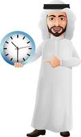 hombre de negocios árabe sosteniendo y señalando un reloj de pared vector