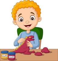 Cute little boy making dinosaur from clay vector