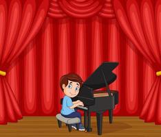 Cartoon boy performing piano on the stage vector