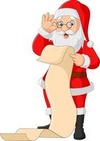 Cartoon santa claus reading a long list of gifts vector