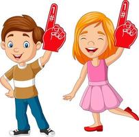 Cartoon boy and girl showing number one with foam finger vector
