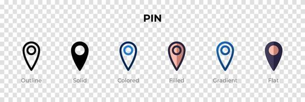 Pin icon in different style. Pin vector icons designed in outline, solid, colored, filled, gradient, and flat style. Symbol, logo illustration. Vector illustration