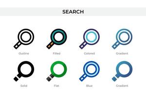 Search icon in different style. Search vector icons designed in outline, solid, colored, filled, gradient, and flat style. Symbol, logo illustration. Vector illustration