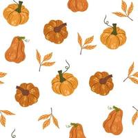 Pumpkins seamless pattern. Autumn, fall, thanksgiving and halloween decoration.  Pumpkin shapes with leaves, half and slices. Perfect for texture for fabric, textile, wrapping paper, wallpaper. Vector