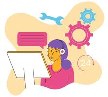A technical support specialist for users, A female character talks to a client via headphones, 24 per 7 support and answers to questions vector