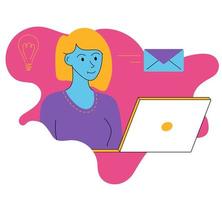 A specialist in communicating with clients in chats and through letters, working with claims, a girl at the computer with a flying letter vector