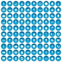 100 food icons set blue vector