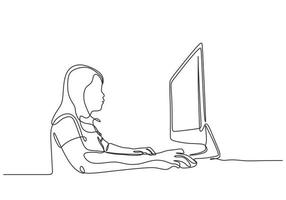 dibujo continuo de una línea de mujer trabajando con computadora. chica joven con la metáfora del negocio del monitor vector