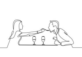 dibujo continuo de una línea de cena romántica en pareja con mesa, comida y vino. vector