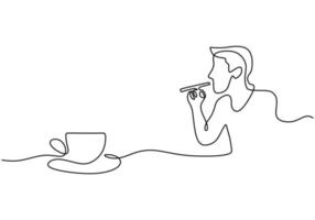 One continuous single line of hand drawn smoking gut drinking coffee vector