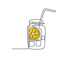 One continuous single line of lemon glass filled with water ice cubes vector