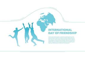 International friendship day background banner poster with three happy people friends and world map isolated on white background. vector