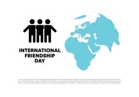afiche de fondo del día internacional de la amistad con icono de tres personas y mapa del mundo aislado en fondo blanco. vector