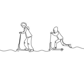 Continuous one line drawing of two kids playing scooter. Friendship and childhood theme of children act of kindness vector