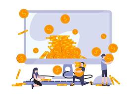 Business flat people vector illustration. People collecting money from big monitor. Metaphor concept of profit marketing strategy and earning investment.