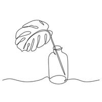 Continuous one line drawing of monstera leaf on glass bottle. Tropical Philodendron minimalism hand drawn vector