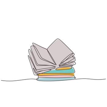 Continuous one line drawing of stack of books. Vector minimalism with colors
