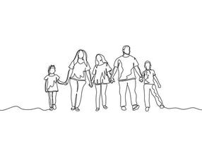 Continuous one line drawing of happy family. Concept of mother, father, daughter, son, and kids.
