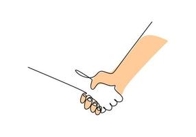 One continuous single line of two hand shaking for friendship day vector