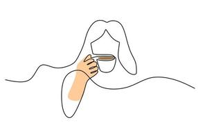 One continuous single line of with long haired girl drinking coffee vector