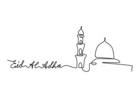 un dibujo continuo a mano de una sola línea de eid al adha con mezquita vector