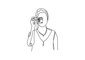 Continuous one line drawing of portrait of girl taking picture with camera. Photography concept of young woman. vector