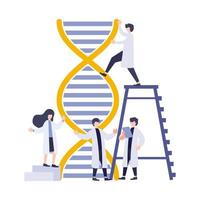 Science flat digital vector illustration. Scientist people doing experiment with big DNA for research and development. Genetic engineering business metaphor concept for app website and banner.